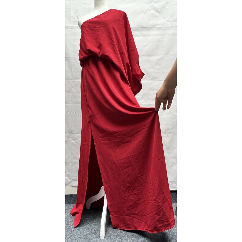 Pink Lily Cranberry Red Silky 1 Shoulder Maxi Dress w/side slit Date nite vibe